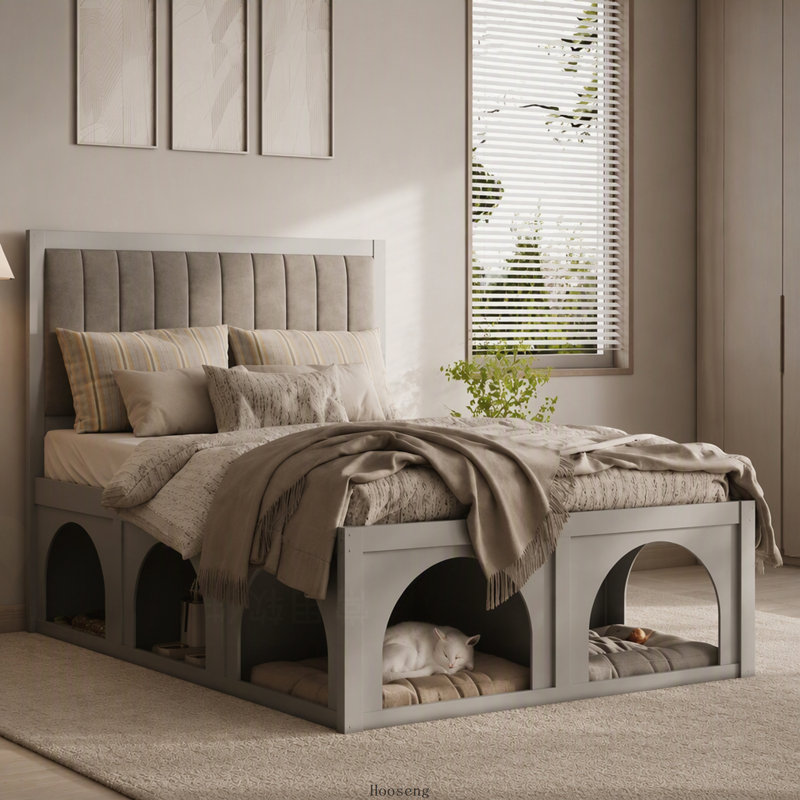 Lit plateforme double pour animaux de compagnie avec un coin sous le lit et une structure robuste, gris clair, aucun sommier tapissier requis, base de lit adaptée aux animaux de compagnie