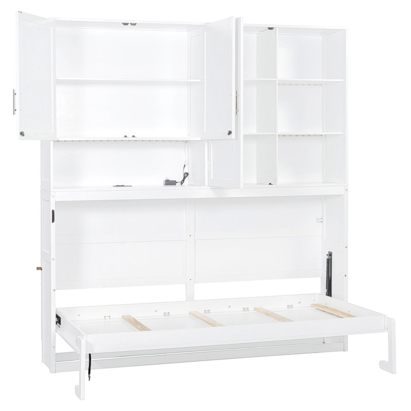Lit escamotable mural simple avec armoire supérieure, tablettes, lit pliable peu encombrant avec lumière et USB, blanc, Blanc