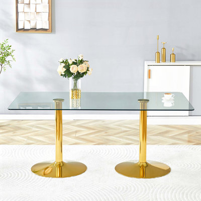 Table de salle à manger rectangulaire en verre avec pieds en métal doré (71 po x 35,4 po, sièges 6-8)