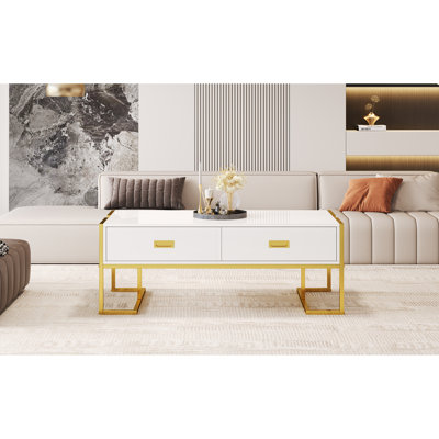 Table basse moderne blanche avec 4 tiroirs et base dorée - Rangement élégant pour les salons