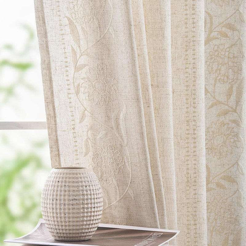 Linen Blend Floral Elegance Embroidery Curtains Light Filtering Curtains Rod Pocket Window Panel(Set of 2), Ivory
