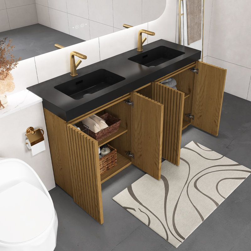 Meuble-lavabo moderne en chêne noueux 60 po avec lavabo une pièce à double cuve en quartz noir, grand meuble-lavabo autoportant avec rangement