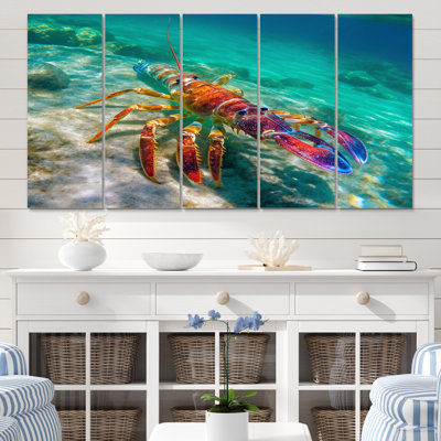 Homard rouge dans une eau turquoise tropicale - impression sur toile homard - 5 panneaux égaux