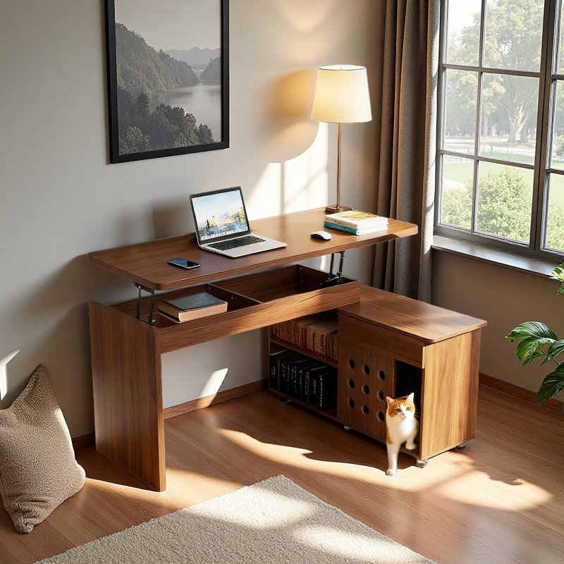 Bureau de direction à hauteur ajustable en noyer de 55 po avec bureau et bureau en noyer