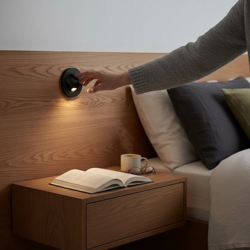UltraBeam 3 Watt LED Round Recessed Bedroom Reading Light - Wall or Headboard Mounted - Built in Tilt Switch, Matte Black