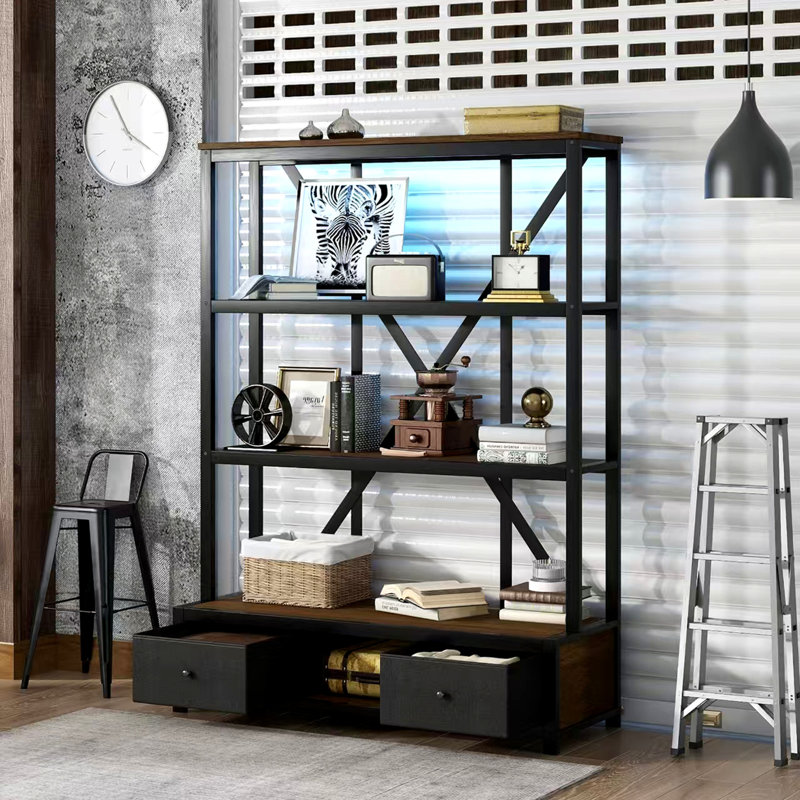 3-Shelf Metal Bookcase With Drawers, Open Bookcase, Vintage Industrial Style Bookcase With LED, Brown