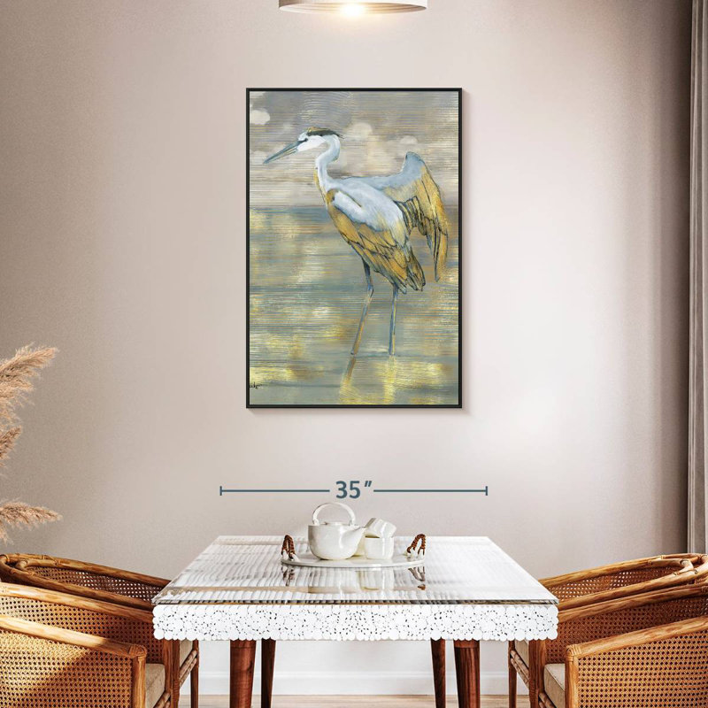 Héron bleu doré, Cadre flottant noir, 29 po x 43 po