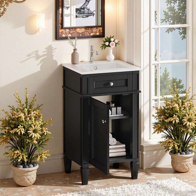 Meuble-lavabo autoportant 18 po avec lavabo en céramique et porte à fermeture en douceur Unavela, Black