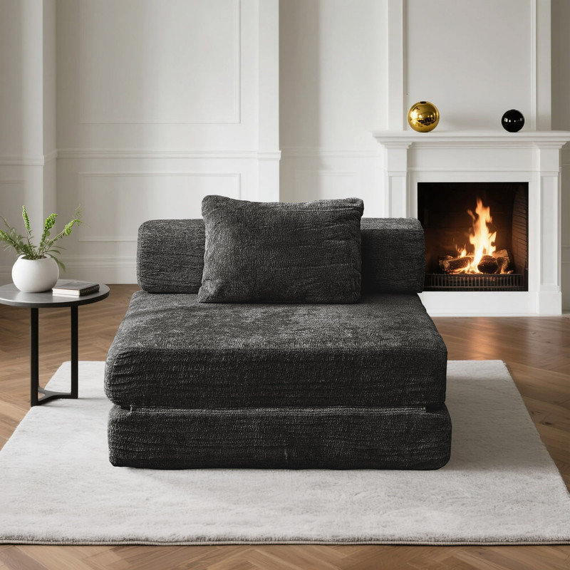 Chaise-lit futon moderne pliable en chenille avec coussin, Noir