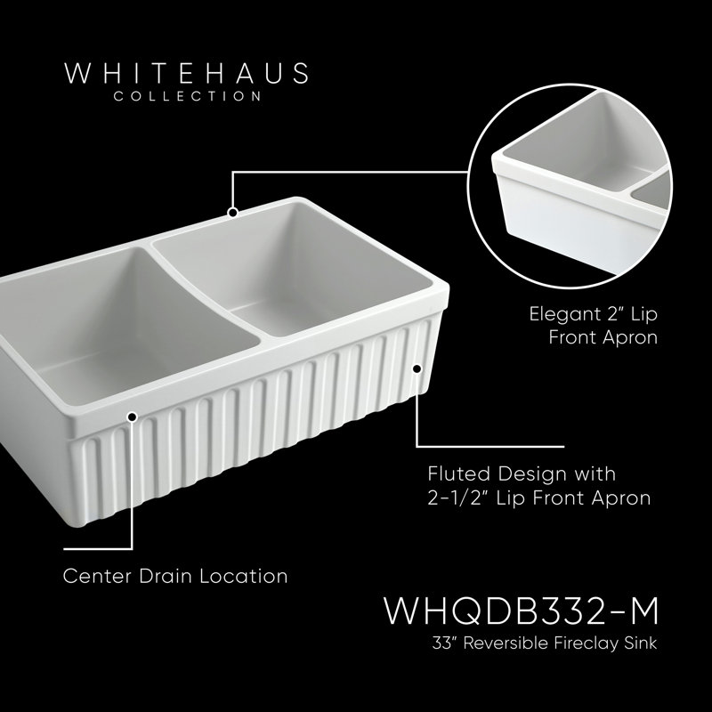 FarmhausQuatro 33" x 20" Double Bowl Front Apron Fireclay Sink, Matte White