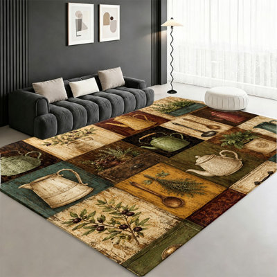 Tapis de style ferme vintage, motif botanique rustique, antidérapant et facile d'entretien, idéal pour le salon, la chambre, la cuisine, la salle à manger, le corridor, l'entrée ou un appartement.