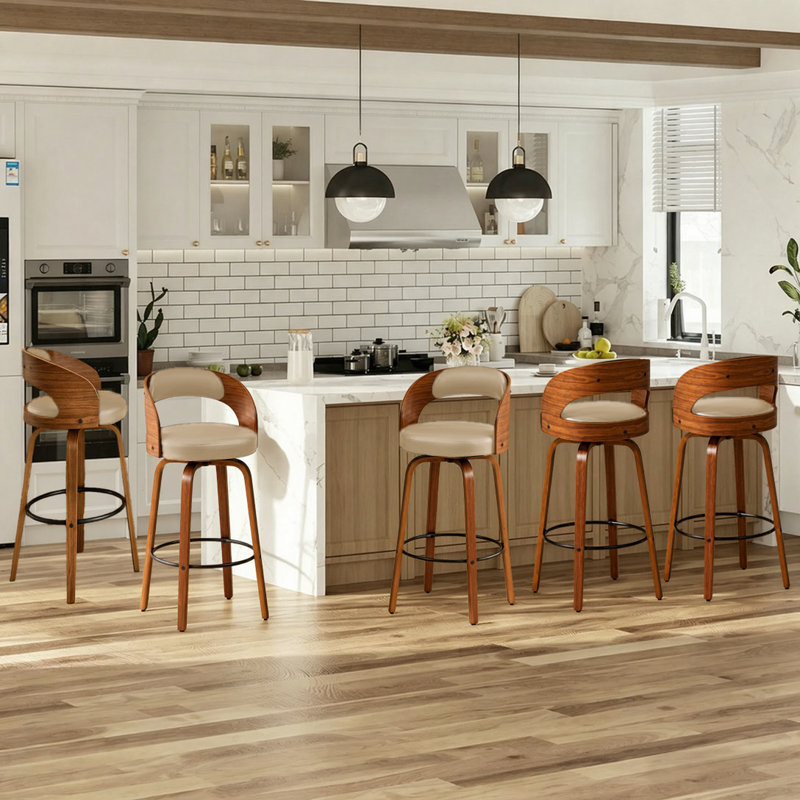Tabouret de comptoir pivotant moderne de 26 po avec cadre en bois cintré, Beige