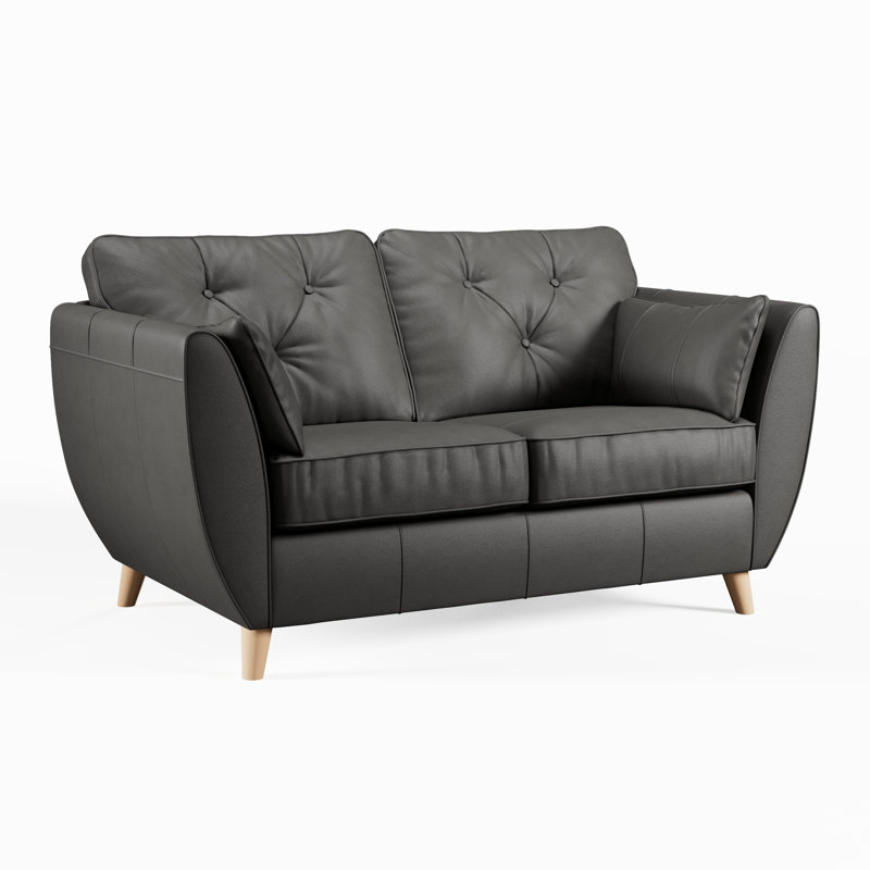 Marylin 2 Seater Leather Tufted Sofa, Light Wood, Raven