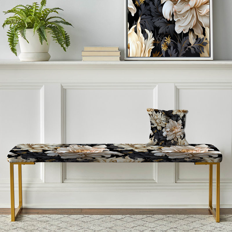Floral Upholstered Gold Bench, Golden Beige And Black Flowers Elegance