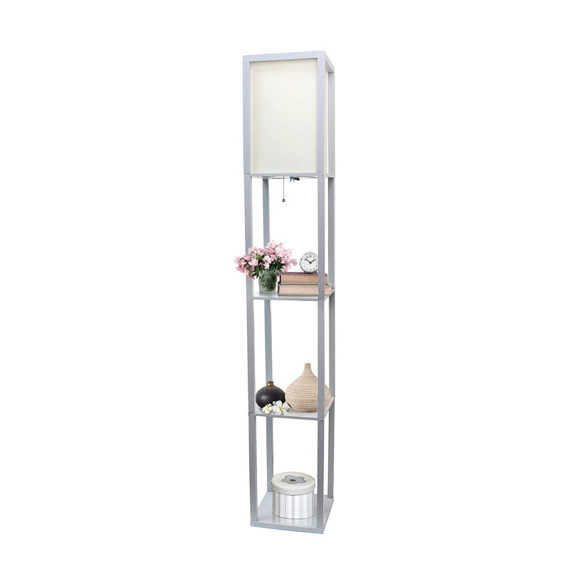 Elegant Gray Floor Lamp with Linen Shade and Display Shelves
