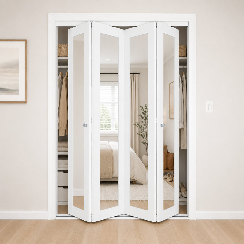 Porte de garde-robe pliante coulissante flexible, porte pliante en miroir blanche à 4 panneaux avec conception à double ouverture rabattable et système à double rail