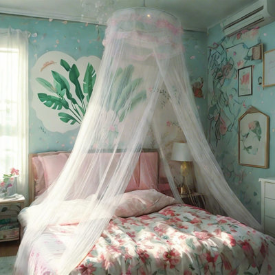 Lace Bed Canopy Mosquito Netting With Warm Lights, Princess Bed Canopyr, White Single Door