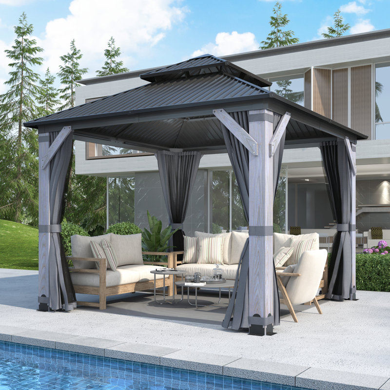 Outdoor Patio Wood Gazebo, Heavy-duty Galvanized Steel Hardtop Aluminum Gazebo with Netting & Curtains, 10 ft. W x 10 ft. D