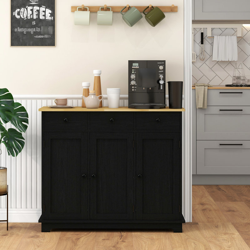 Buffet noir vieilli - comptoir en bois massif, 3 tiroirs, portes, tablette ajustable, rangement de bureau polyvalent, plateau-bar, tiroirs et portes pour un espace de travail pratique