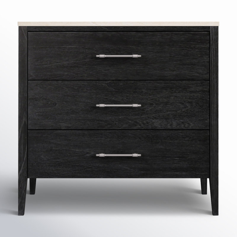 Mayfair 3 Drawer Wood and Marble Chest, Washed Black/Ivory