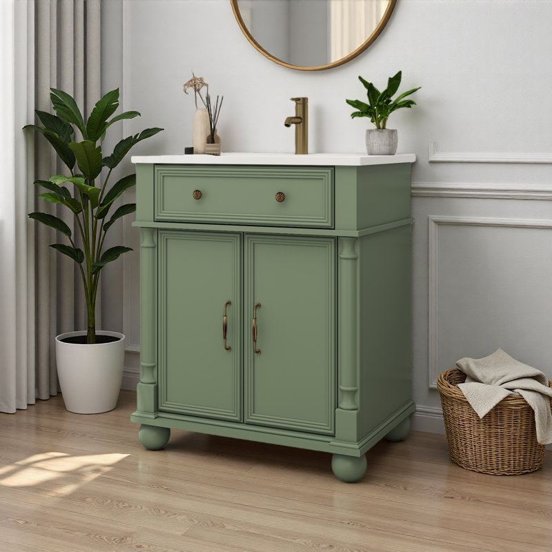 Lavabo de salle de bain 28 po Mid-Century avec base à colonne romaine, lavabo sur pied Farmhouse avec rangement, Vert