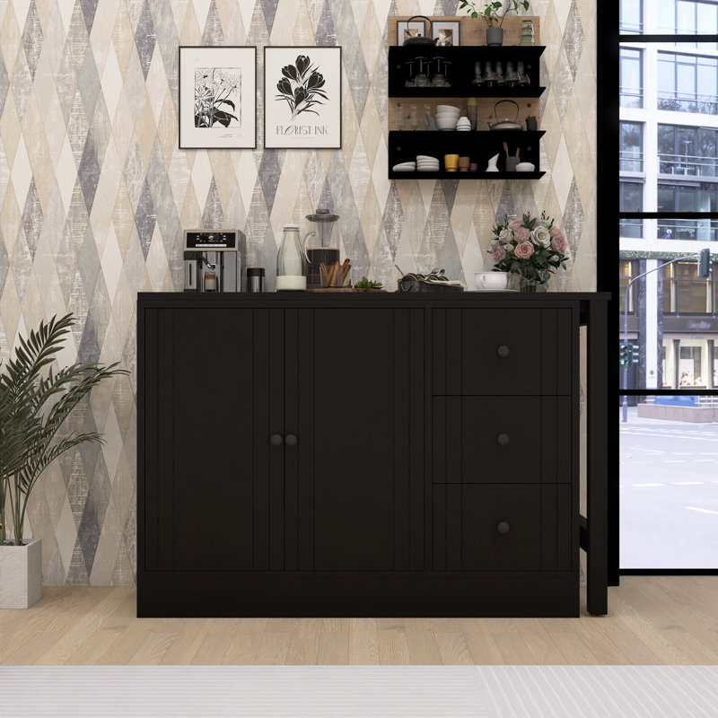 89.7" Wooden Sideboard With Extendable Table - Multi-functional Storage Cabinet For Living Room & Kitchen, Black