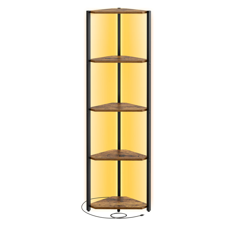 5-Tier Corner Bookcase with LED Lights, Rustic Brown