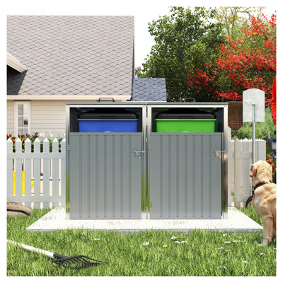 54 Cu Ft Metal Outdoor Trash Can Storage Shed - Weatherproof Garbage Bin Shed for 2 Trash Cans, Galvanized Steel Outdoor Garbage Storage for Garden Yard Lawn, Dark Grey