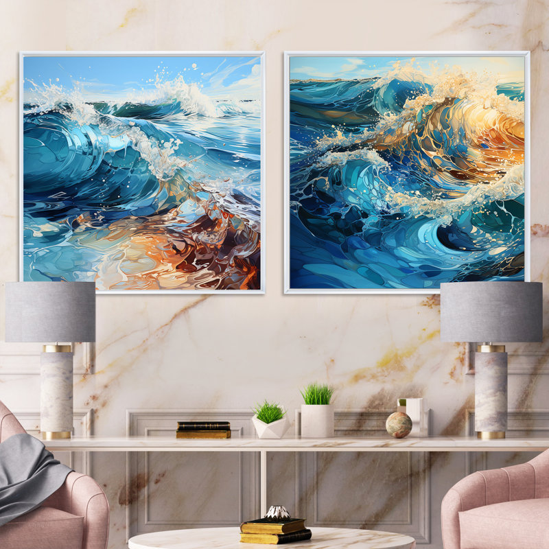 «Ocean Charm», ensemble de 2 collages carrés vifs, Cadre flottant blanc, H 16 po x l 33 po