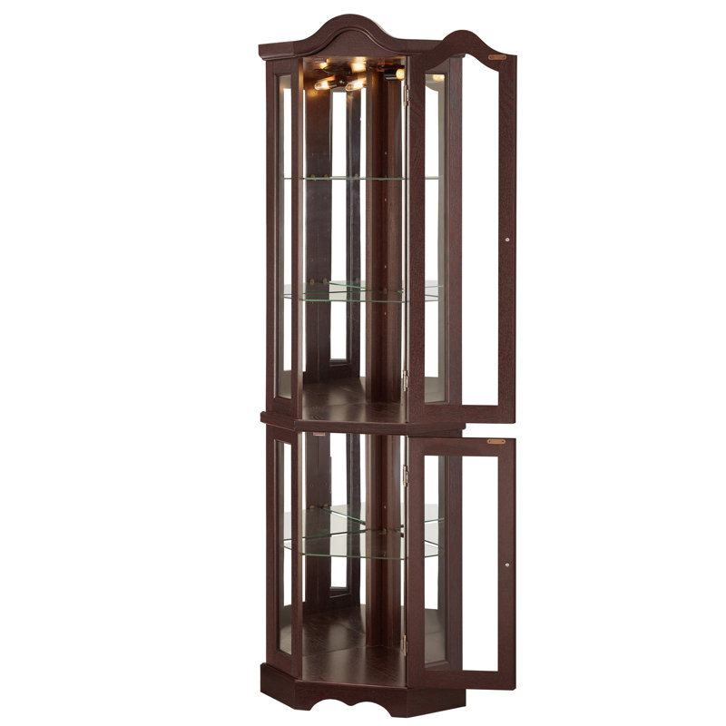 Vitrine éclairée en cerisier foncé avec verre trempé, quatre tablettes réglables et charnières de qualité pour le salon
