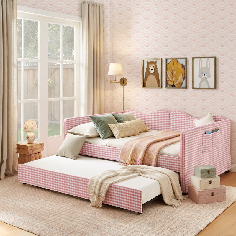 Lit de jour simple rembourré avec lit gigogne escamotable et poche de rangement latérale, structure de lit en tissu vichy