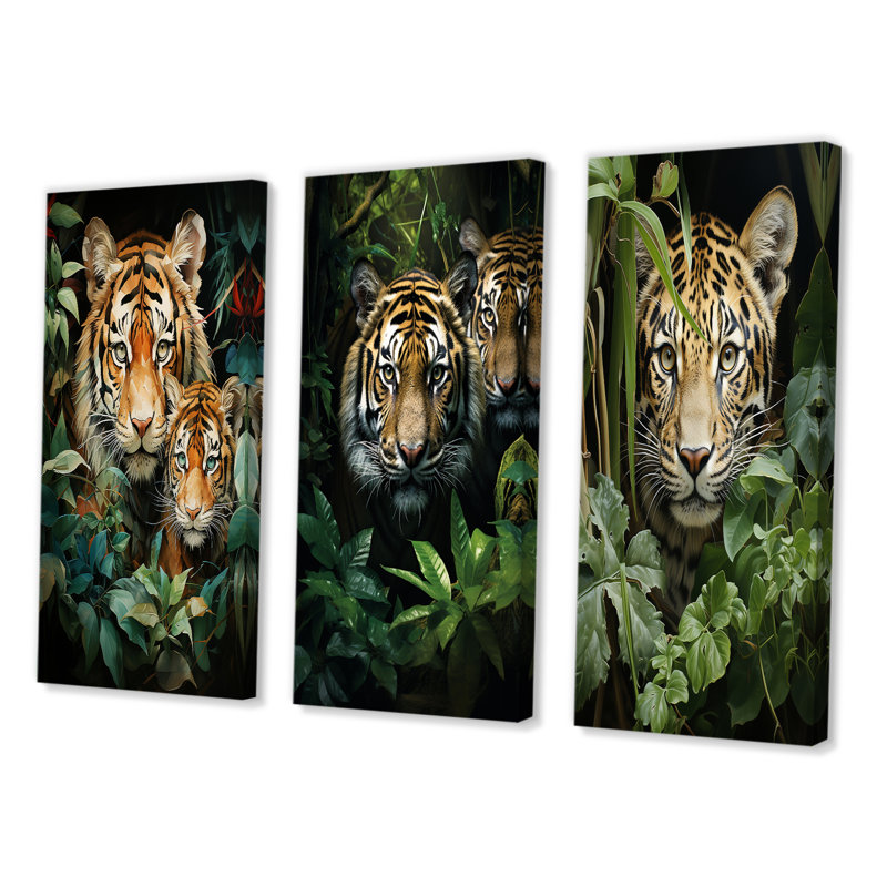 «Asian Art Tigers In Jungle», 3 pièces, Toile tendue, H 32 po x l 48 po