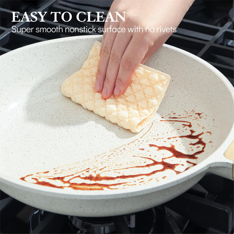 12.5 Inch White Ceramic Nonstick Frying Pan with Woodgrain Handle