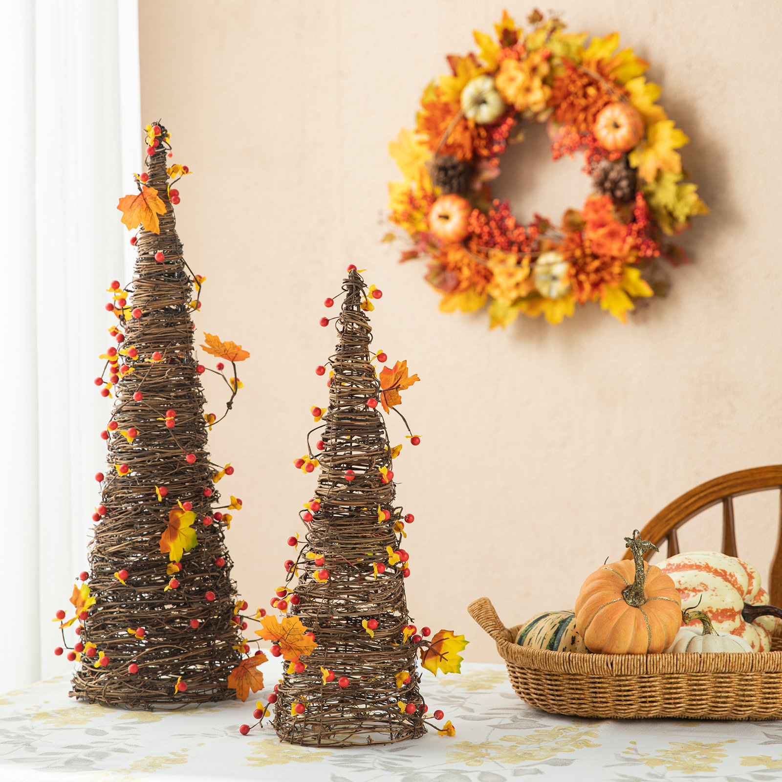 2-Piece Handcrafted Rattan and Polyester Berries and Maple Leaves Tree Set