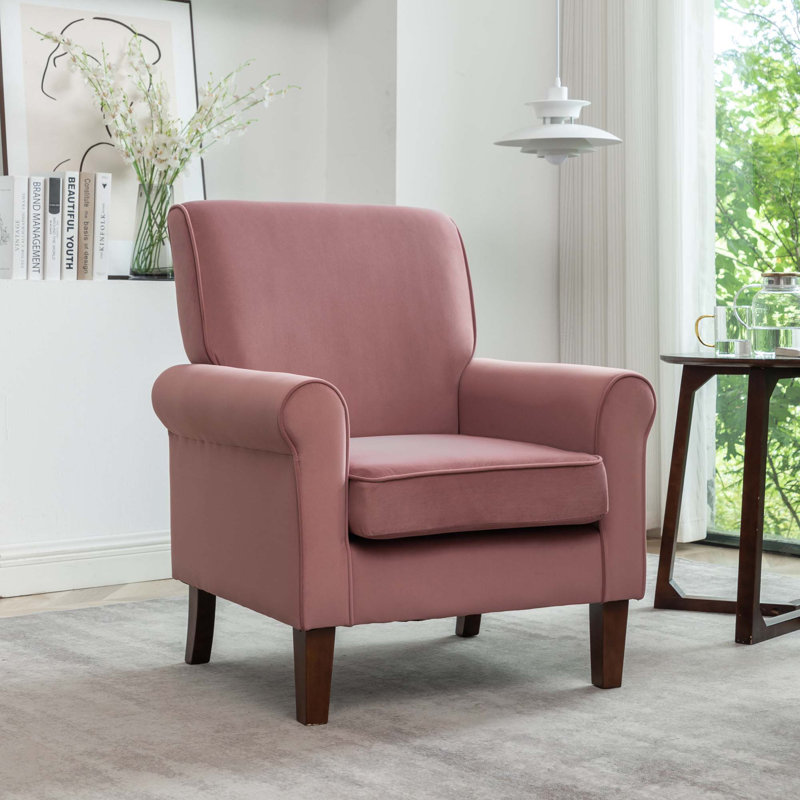 Fauteuil à accoudoirs roulés Traditional avec structure en bouleau massif et siège rembourré de mousse, Rose