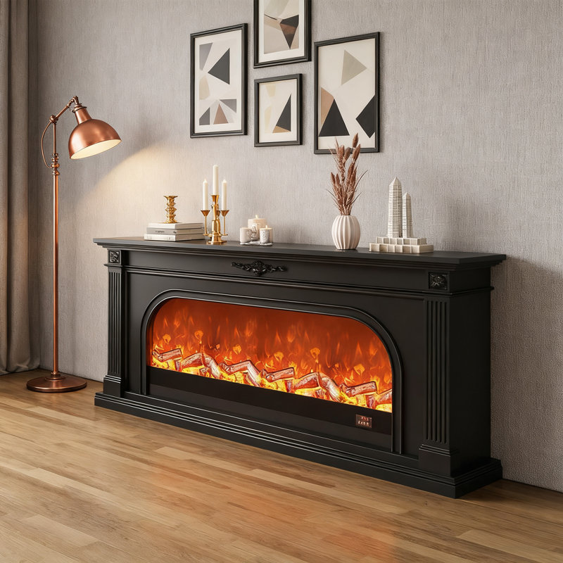 Armoire pour foyer 78,74 "American Light Luxury, blanc / noir optionnel, bois de chêne massif, foyer arqué, chauffage électronique à flamme simulée pour le salon et l'entrée