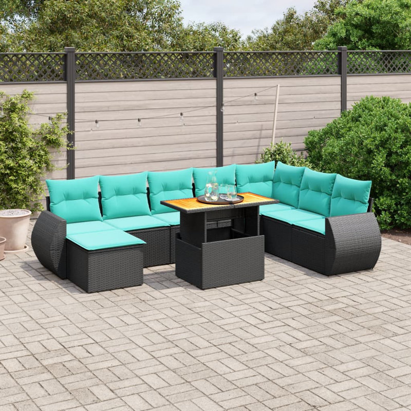  Ensemble de canapé de patio 9 pièces avec coussins en rotin de polyester, Noir, Vert