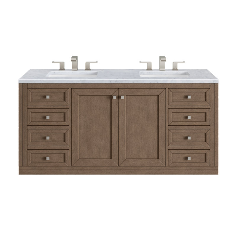 Chicago 60'' W Double Vanity, Walnut Whisper, Carrara White, 8" Widespread