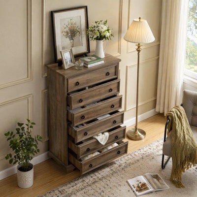 Grande commode de chambre moderne à six tiroirs avec sécurité anti-surmatelas, assemblage sans effort, rangement spacieux et touche médiévale distinctive