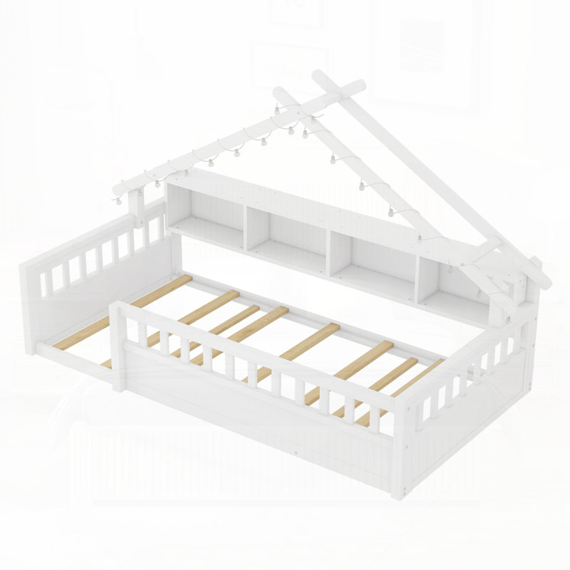 Lit en bois avec tablettes de rangement, Lit simple, Blanc