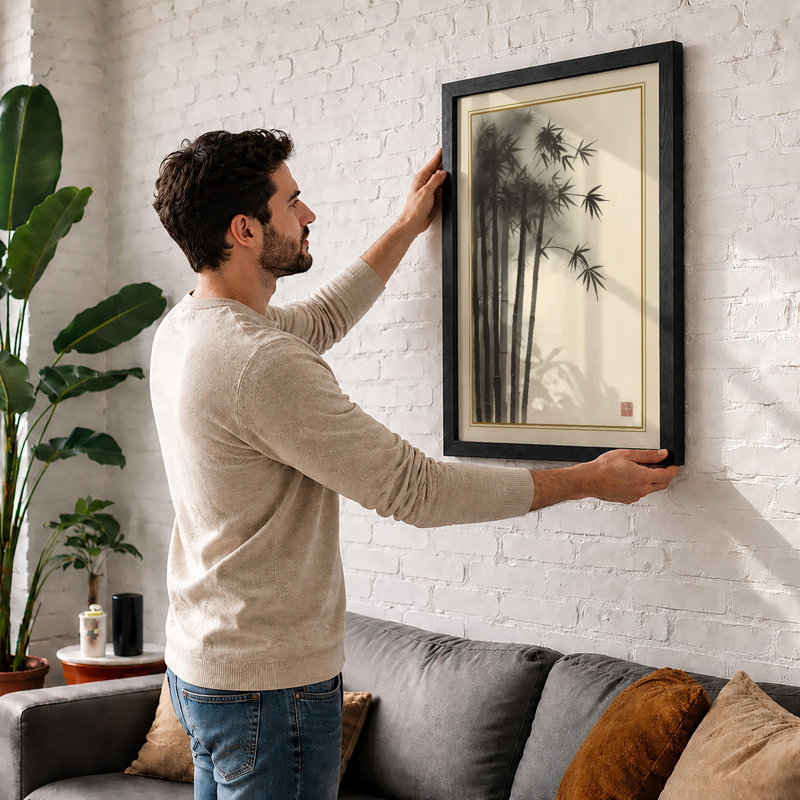 Bamboo in Ink Japandi - Framed Print, Oak, A4 - 29.7 x 21.0 cm