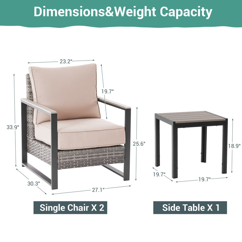 3 Piece Outdoor Conversation Set with Wicker Chairs and Side Table, Sand