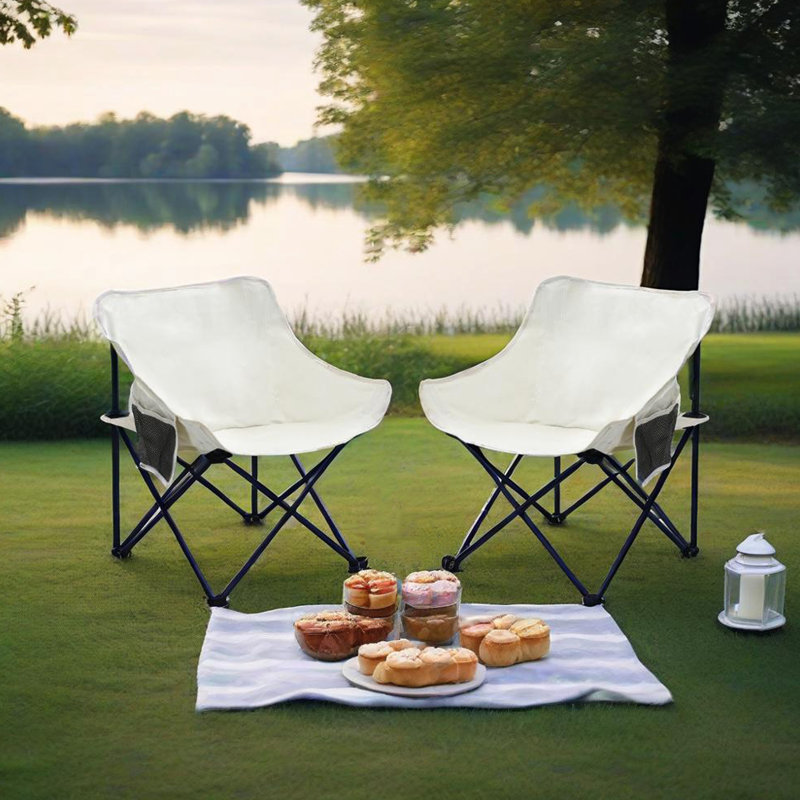 2Pcs Beige Camping Chairs For Outdoor Fun - Foldable, Comfort Cushioned, Side Pocket Phone, Heavy Duty Frame, Easy To Transport With Carry Bag, Suitable Fishing, Camping, And Barbecues 2Pcs, Beige,