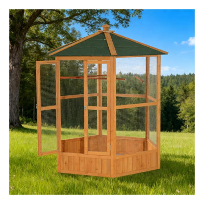 69" Hexagonal Wooden and Metal Outdoor Aviary Bird Cage in Brown Multi