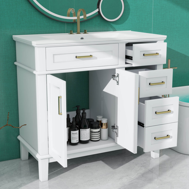 Meuble-lavabo de 36 po avec lavabo en céramique, armoire de rangement moderne avec 2 portes à fermeture douce et 4 tiroirs, élégant pour petite pièce, appartement