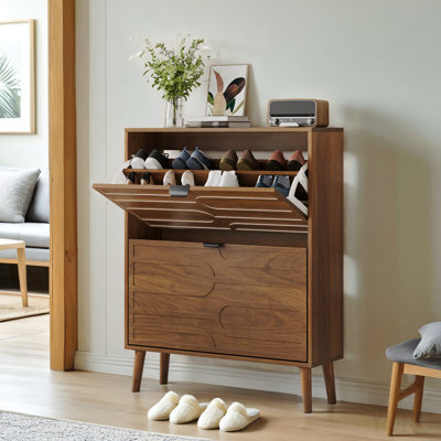 Armoire à chaussures 31,5 po, 2 tiroirs rabattables, style clôture médiévale - noyer