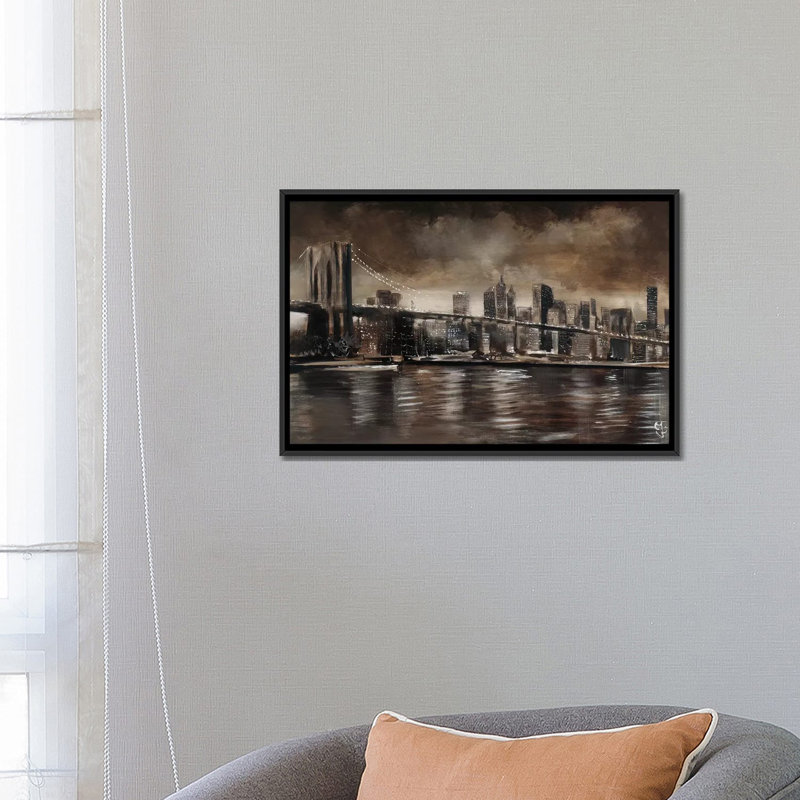 NY NY Brooklyn Bridge, impression sur toile, H 18 po x l 26 po x p 1,5 po, Toile avec cadre noir, Pas de tapis