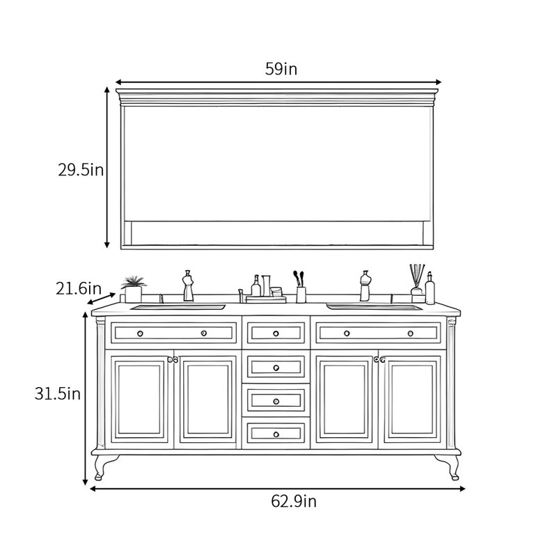 Armoire de salle de bain American Vintage, H 31,5 po x l 62,9 po x P 21,6 po
