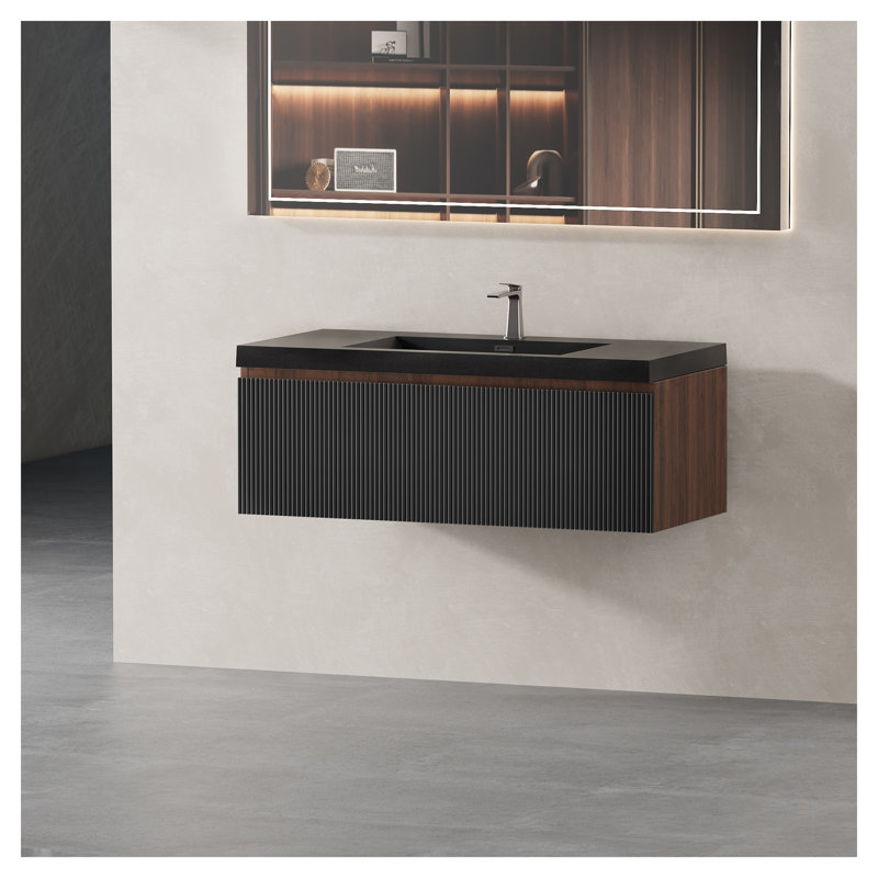 Meuble-lavabo suspendu de 91 cm (36 po) avec tiroirs à fermeture amortie et lavabo en quartz noir sable, fini noyer fumé