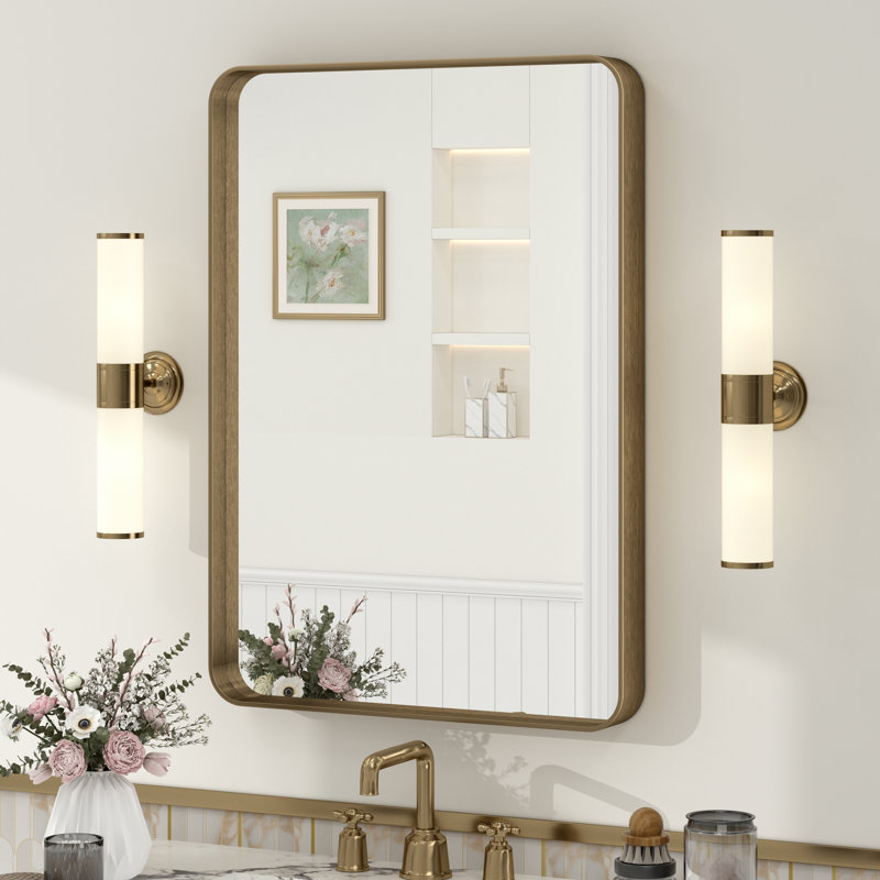 Miroir de salle de bain mural en verre trempé et métal Molly, 28 po x 20 po, Noir, Rectangle(Right Angle)